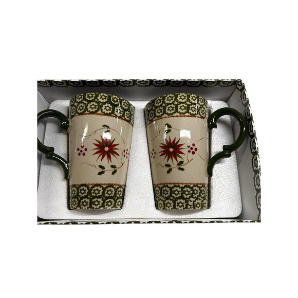 Temptation Old World Green Poinsettia Tall Coffee Mug Cup, 16 Ounce (2) - Picture 2 of 10